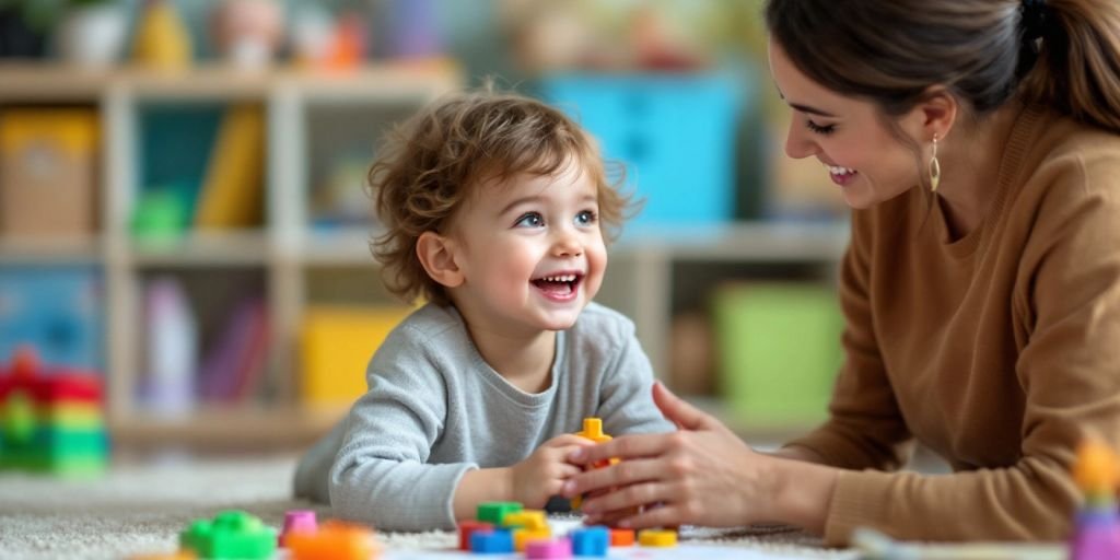 Child in therapy session with colorful toys and therapist.