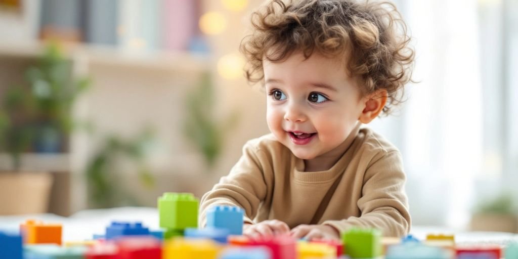 Child playing with building blocks in a bright room.