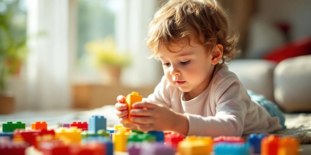 Child playing with colorful blocks in a bright room.