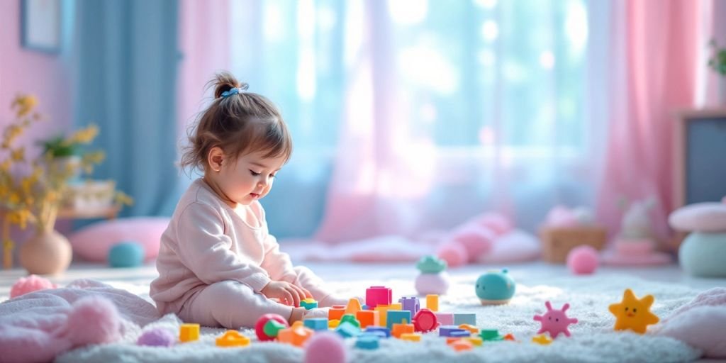 Child engaged with colorful sensory toys in a calm setting.