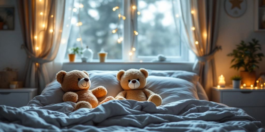 Cozy bedroom with a bed and teddy bear.