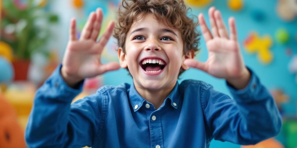 Person with autism flapping hands joyfully in colorful setting.