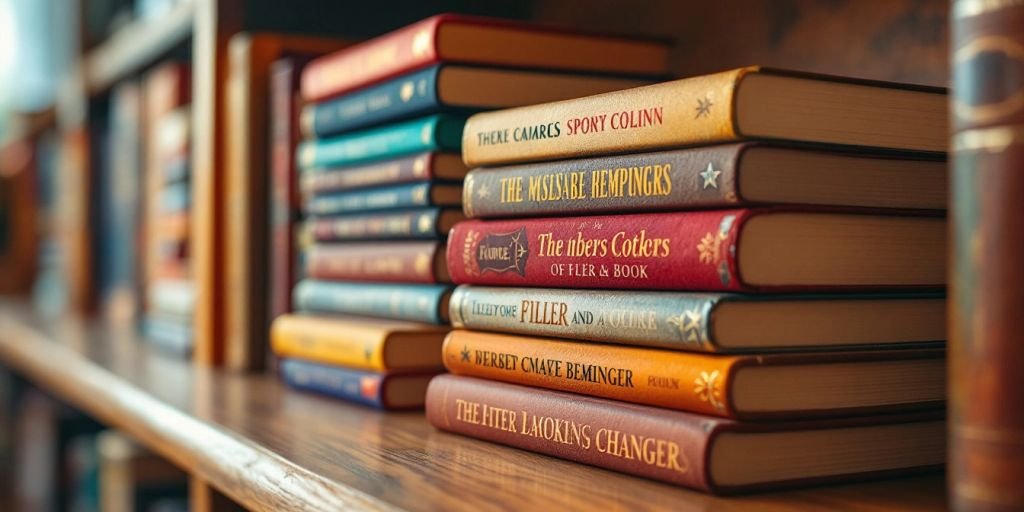 Colorful book titles on a wooden shelf.