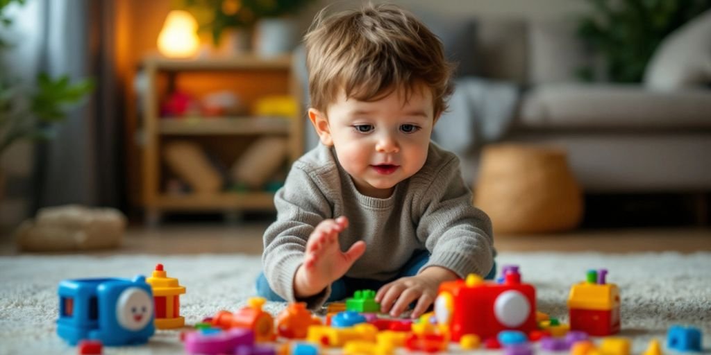 Child playing with speech therapy toys in a cozy room.