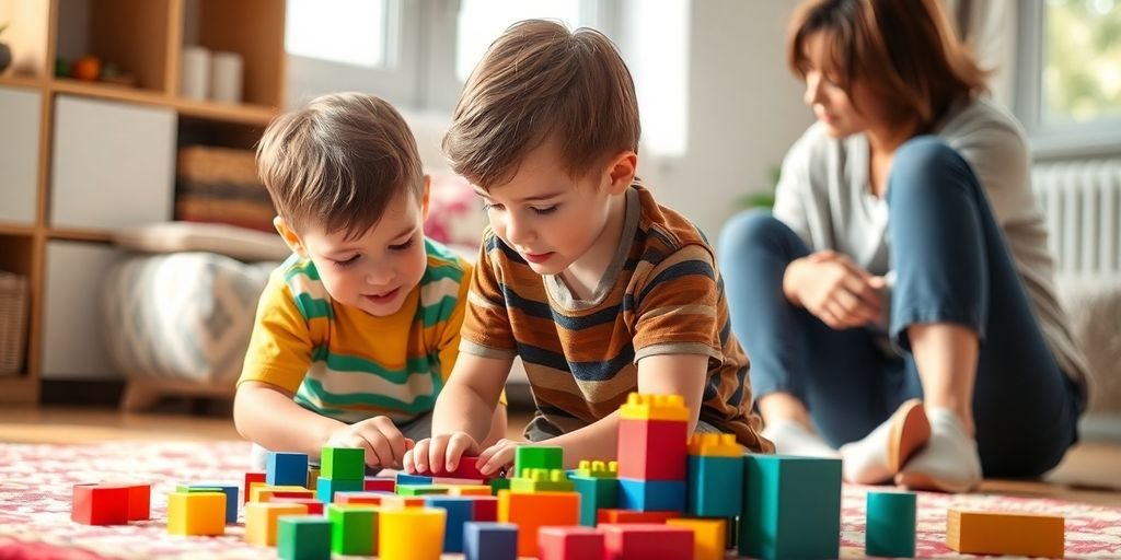 Child playing with blocks, parent observing nearby
