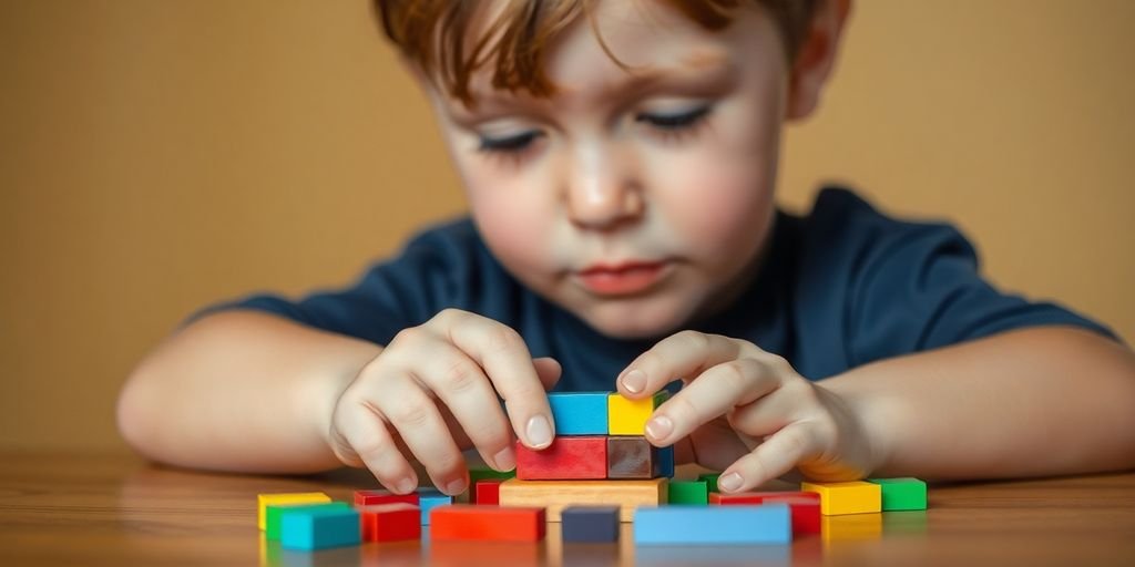 Child playing calmly with colorful building blocks.