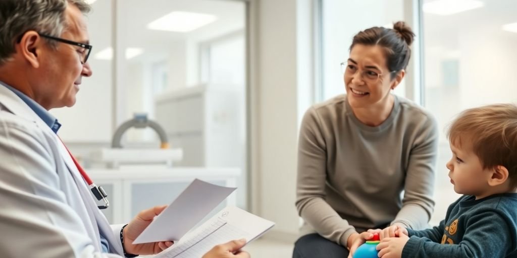 Parent, child, pediatrician, medical consultation.