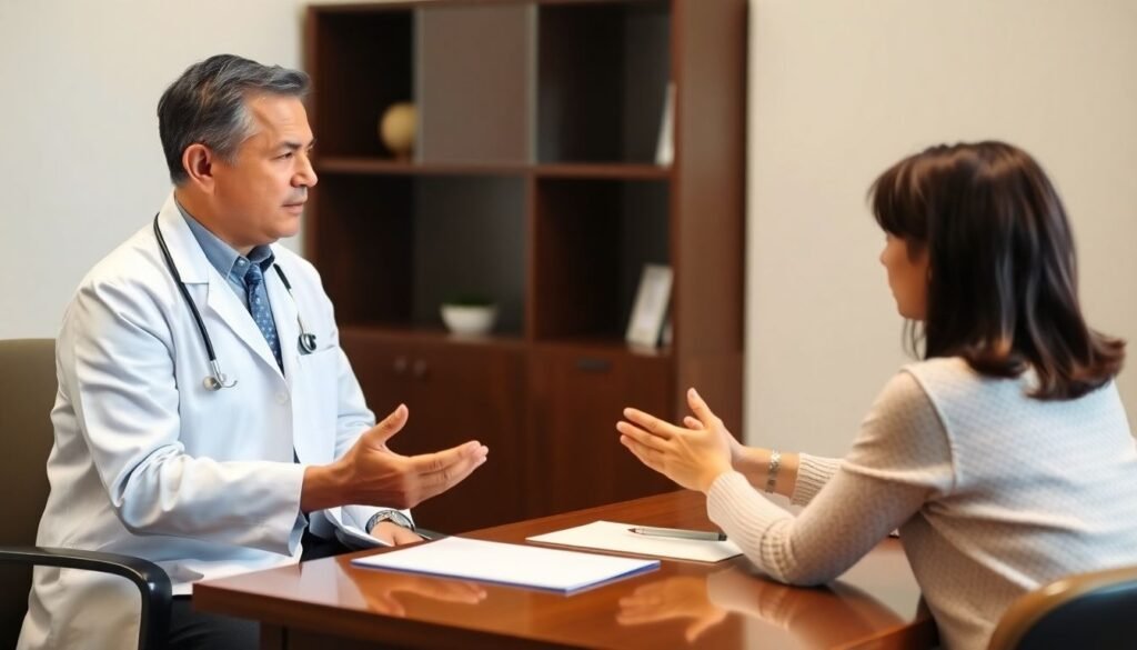 Doctor and parent discussing child's medication.