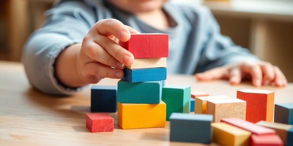 Child playing calmly with colorful blocks.